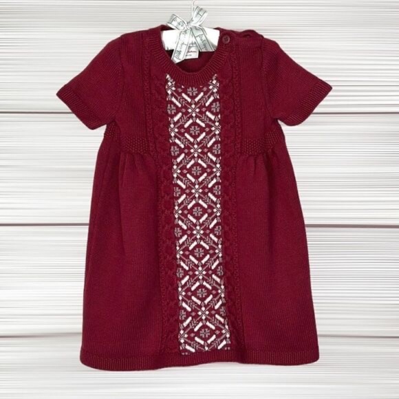 Hanna Andersson Fair Isle Knit Sweater Burgundy Cotton Wool Dress, 12-18 months - Picture 3 of 9
